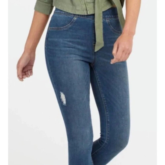 SPANX Distressed Skinny Pull On Elastic Waist Pants Raw Ankle Jeggings Jeans M - Picture 6 of 16